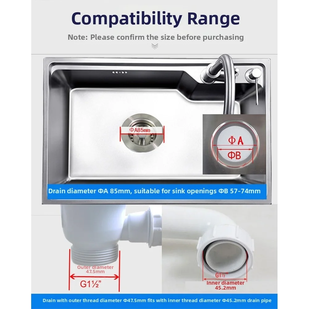 85mm Stainless Steel Kitchen Sink Drain Strainer Set Deodorant Drainage Tube Basin Installation For Kitchen Bathroom Accessories