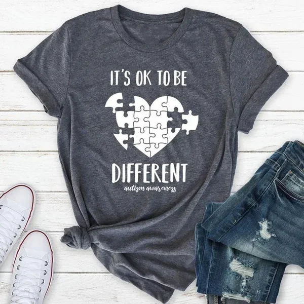 To Be Different Letter Puzzle Heart Print T Shirt Women Short Sleeve O Neck Loose Tshirt Summer Women Tee Shirt Tops Mujer