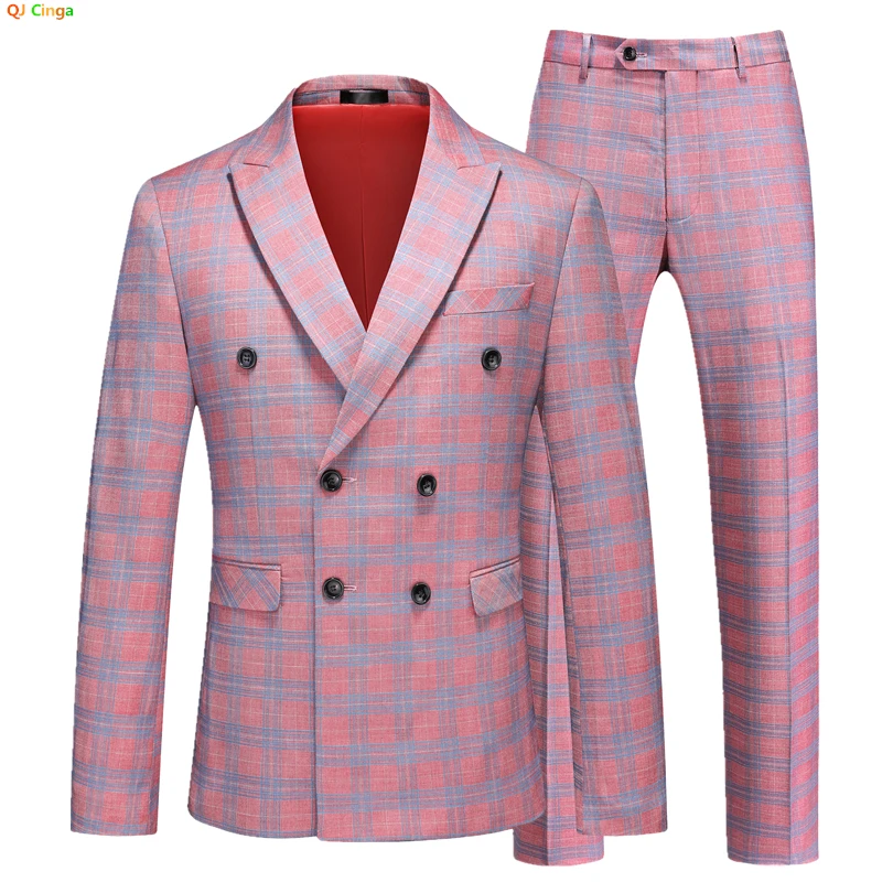 Red Men\'s Striped Plaid Suit 2-piece, Wedding Party Dress Jacket and Pants, Fashion Slim Men Blazer Coat Trousers 5XL 6XL