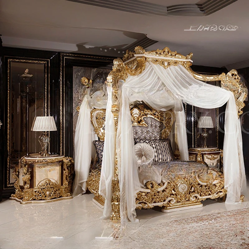 French palace solid wood carved frame bed, European luxury master bedroom, 1.8-meter villa, high-end