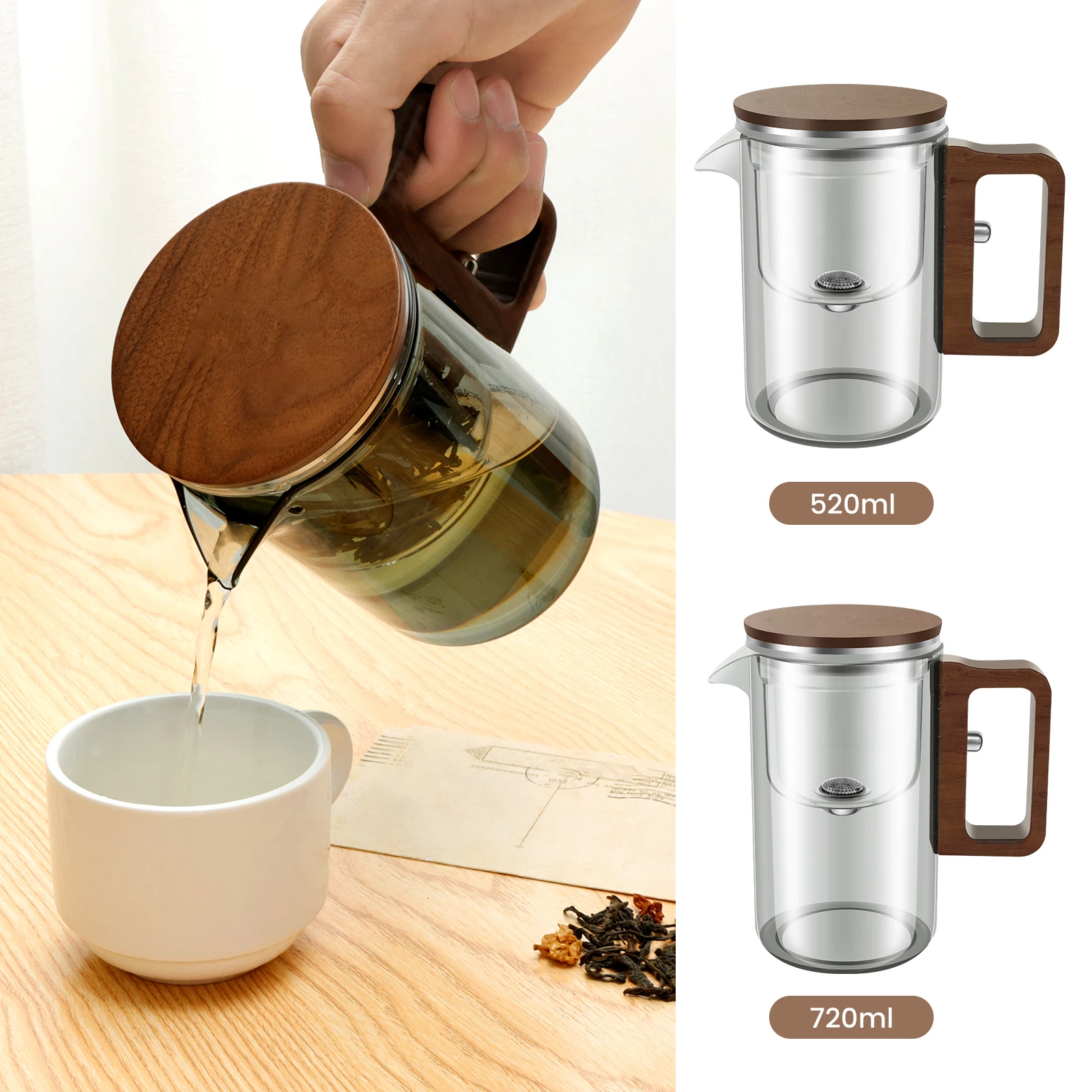 Glass Teapot with Strainer Innovative Water Separation Glass Teapot with Wood Handle Magnetic Filter Teapot Heat Resistant Glass