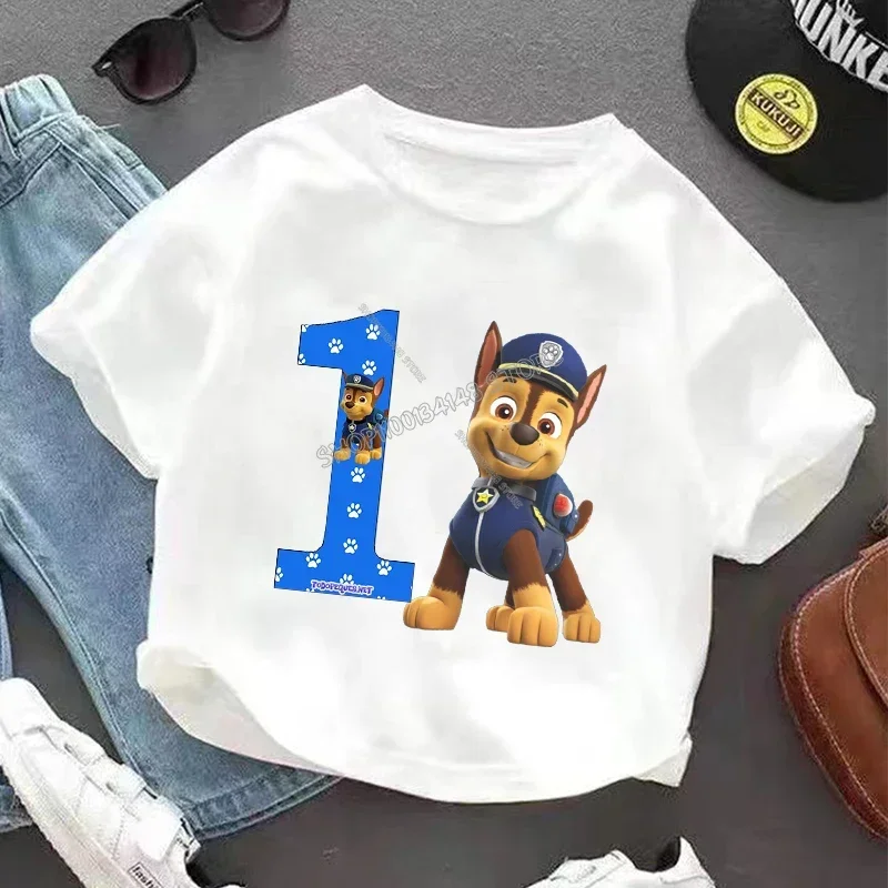 Paw Patrol Chase T-shirt for Children Cartoon Birthday Figure Tee Top New Anime Kids Clothes White Short Sleeve Loose Clothing