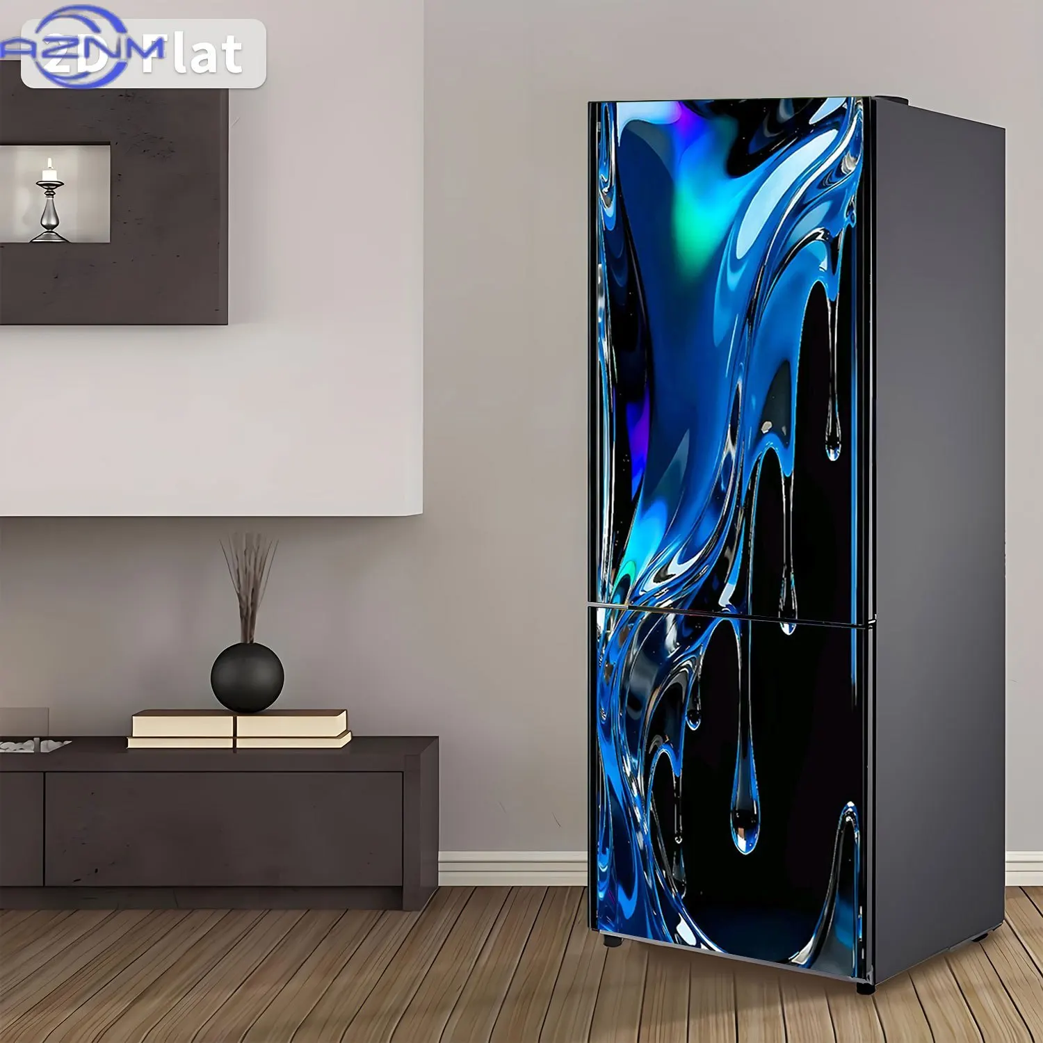 1pc of Refrigerator Sticker,, Featuring a Flowing Blue Liquid Theme Design. Self-Adhesive Wall Decoration Suitable for Cabinet