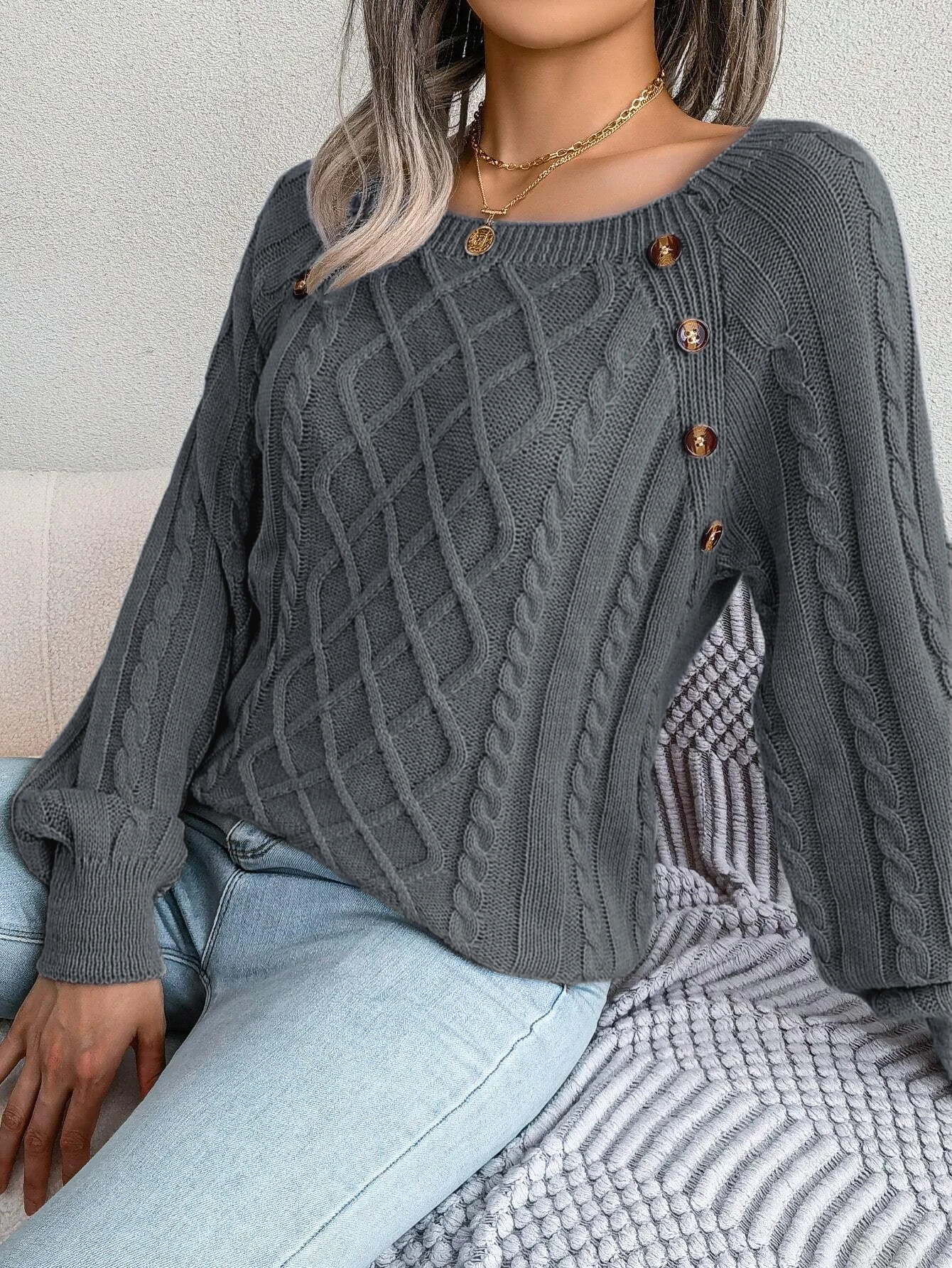 Elegant Women Cable  Knit Pullover Boat Neck Long Sleeve Side Decor Button Loose Knit Top