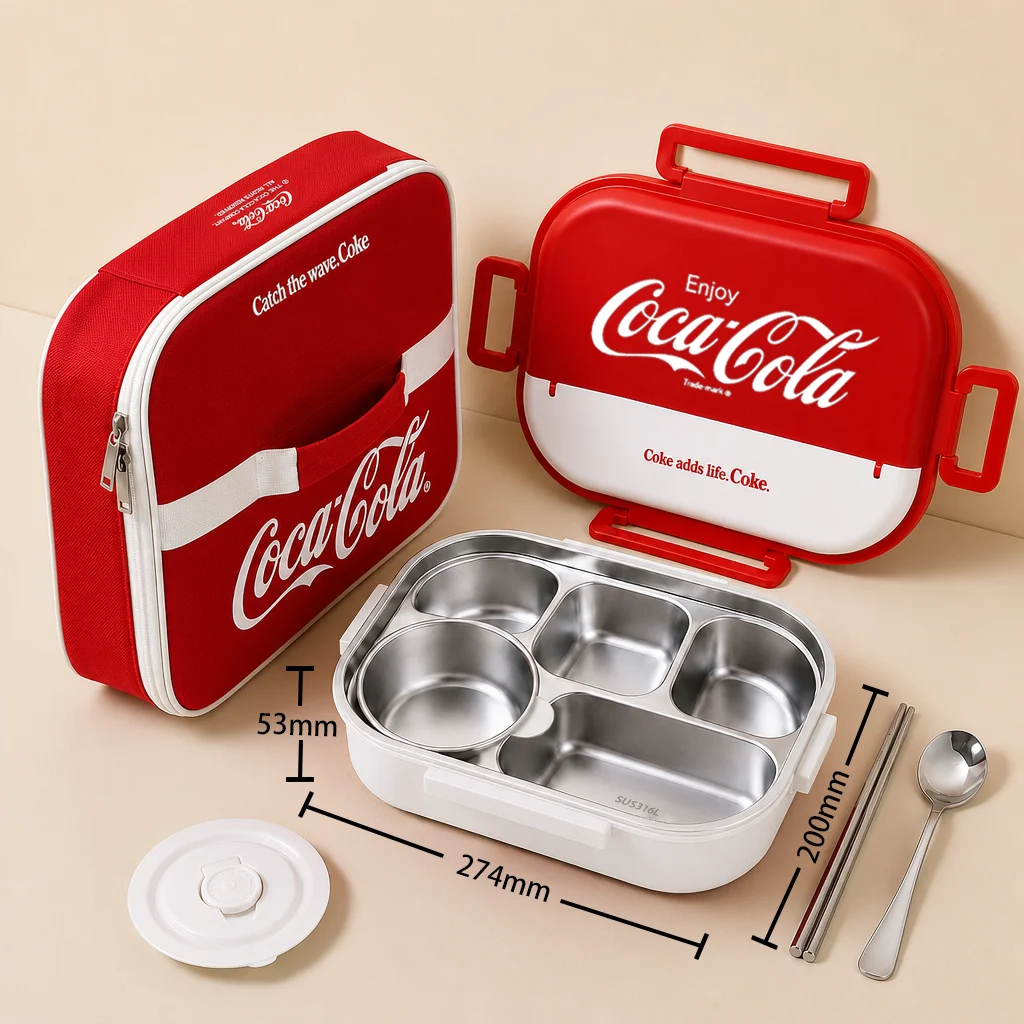 Coca Cola 1500ML 316L roestvrijstalen lunchbox, lekvrij, met soepkom en bestek, voor studenten, kantoormedewerkers en thuisgebruik, voor warme maaltijden.