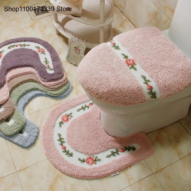 Toilet Carpet Floral Pattern Rustic Bathroom Mat Set U-Shaped Toilet Carpet Floor Decor Bathroom Mat Toilet Cover