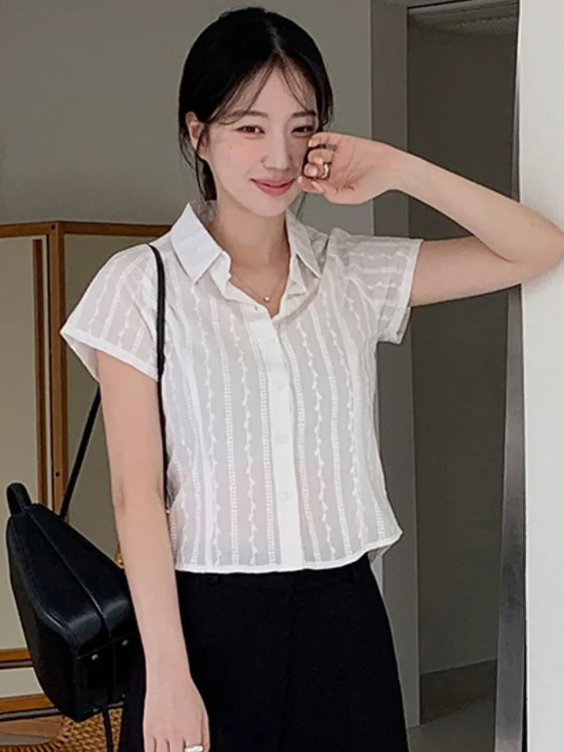 

Chic Summer Anti-Aging Retro Design Embroidered ort Sve Single Button Women's irt Quali Cotton Breathable Faionable