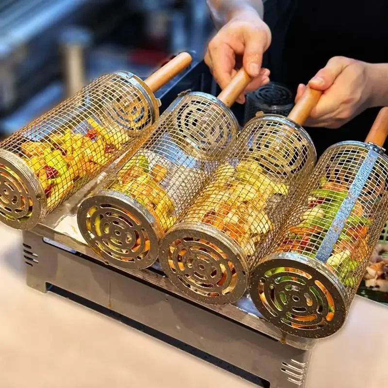 

BBQ Cage BBQ Stainless Steel Rolling Barbecue Tub BBQ Mesh Smoked Barbecue Round Grill Barbecue Basket