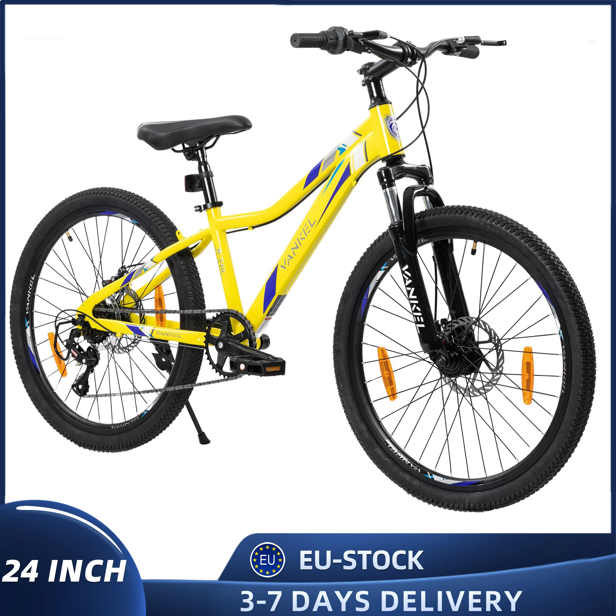 Vankel 24-Zoll-Teenager-Mountainbike für Jungen und Mädchen, 6-Gang-Gänge, Scheibenbremsen, Fahrräder, verstellbarer Sitz, gelbes MTB-Fahrrad