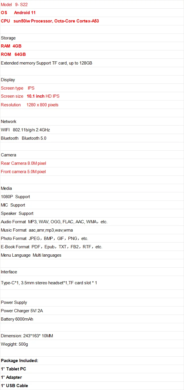 T10 10.1” Android 11 Tablet PC 4GB RAM 64GB ROM Octa-Core 1280 X 800 Pixels 5.0MP+8.0MP Cameras Type-C WIFI Bluetooth 5.0