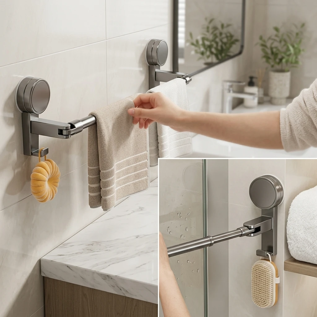 

Wall Mounted Organizer Rack Bathroom Non Perforated Telescopic Storage Rack For Towel Bath Towel Bath Puff Home Storage Props