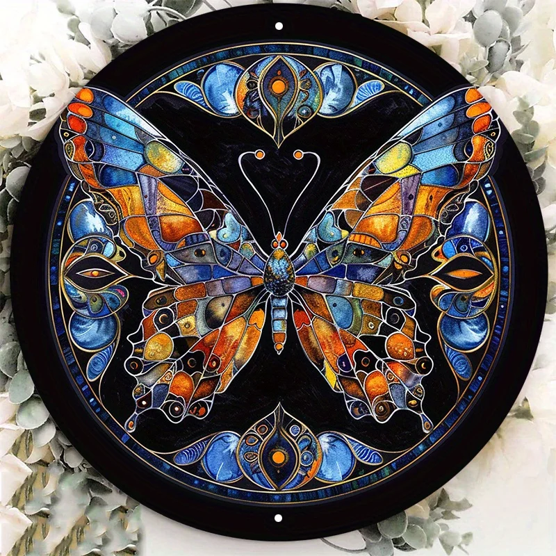 Stained Glass Butterfly Mandala with Pre-Drilled Holes, Aluminum Sign, UV and Scratch Resistant, Outdoor and Indoor Wall Decor