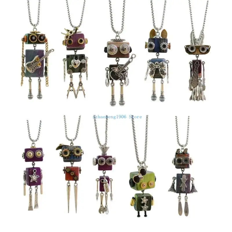 

85LF DIY Wooden Block Robot Necklace Stylish Clavicle Chain Adjustable Length Chokers