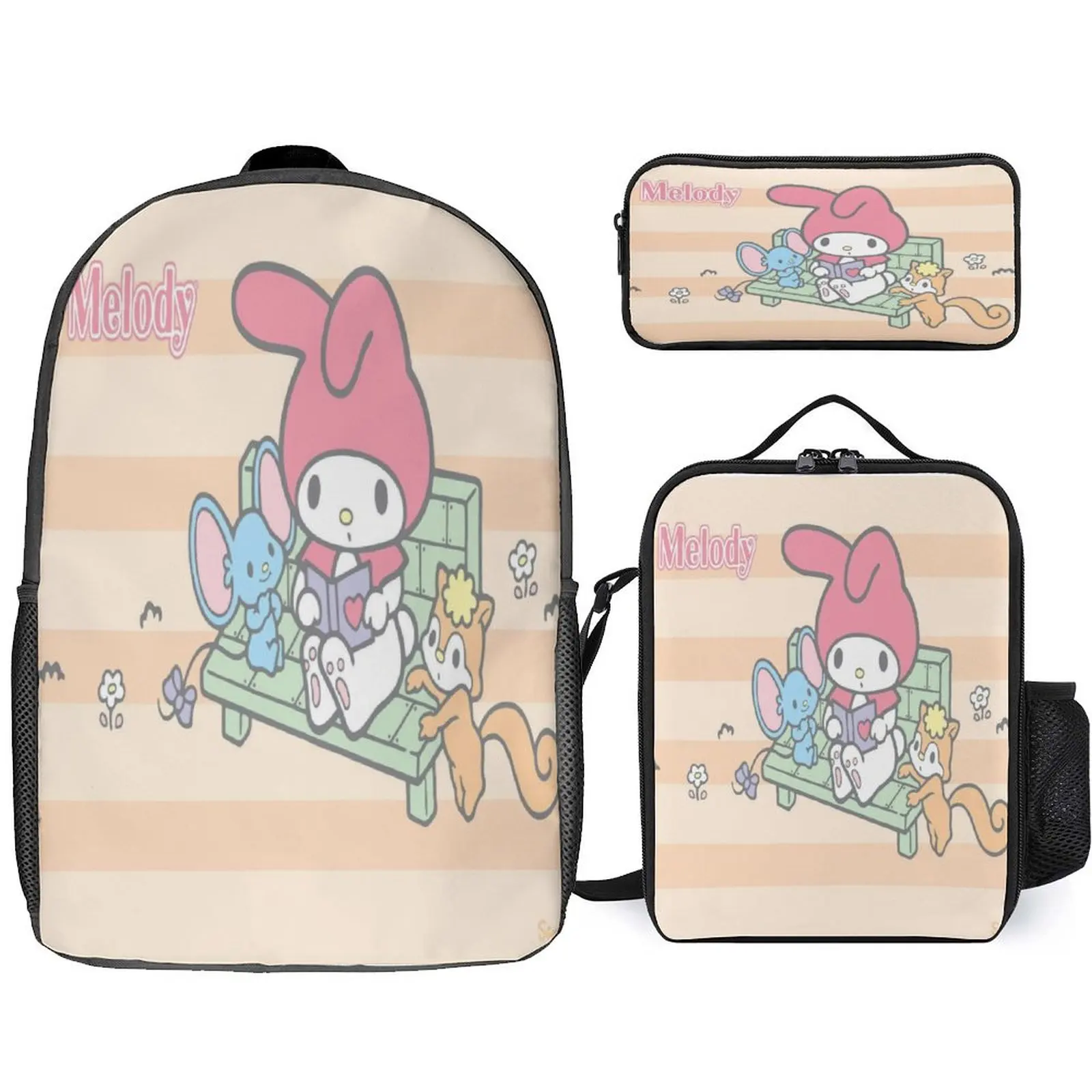Little Kid Melody Backpack+Lunch Bag+Pencil Case 3Pcs Set,Canvas Book Bag Cartoon Daypack for School