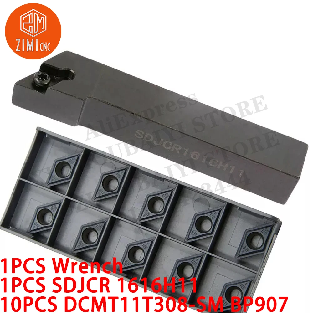 1PC SDJCR1616H11 CNC External lathe Turning Tool Holder +10PCS DCMT11T308-SM Carbide Inserts metal lathe mechanical cutting tool