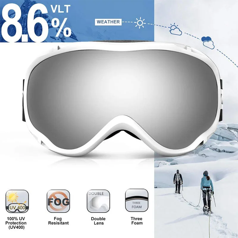 Anti-Fog And Non-Slip Full Frame Asian Fit Kacamata White Snow Goggle