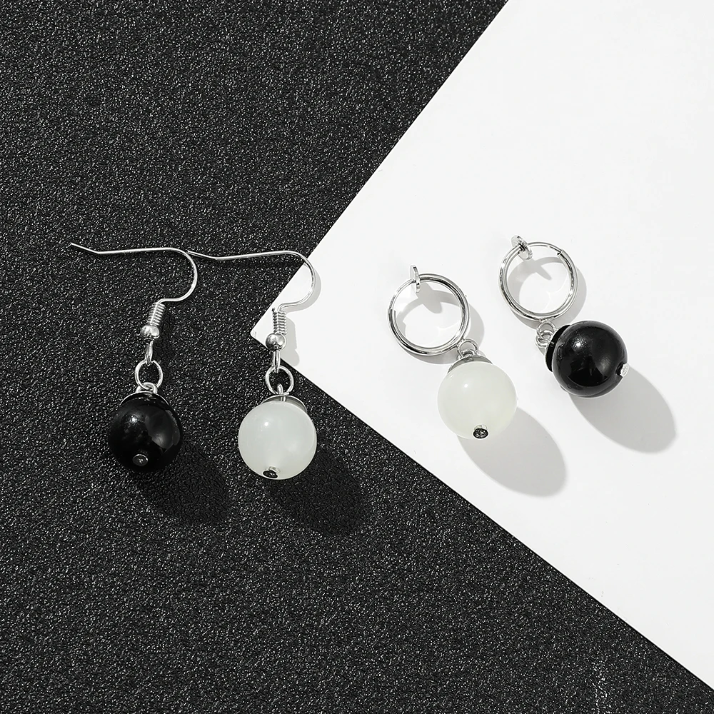 Anime Game Periphery White Black Beads Hoop Earrings with Crystal Pendant Ear Clip Halloween Props Jewelry Accessory Gift