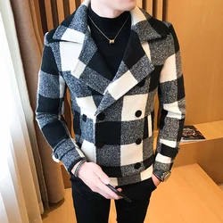 Men's Short Woolen Coat for Fall/winter 2022 High-quality Fashion Men's Double-breasted Plaid Business Casual Thick Warm Jacket