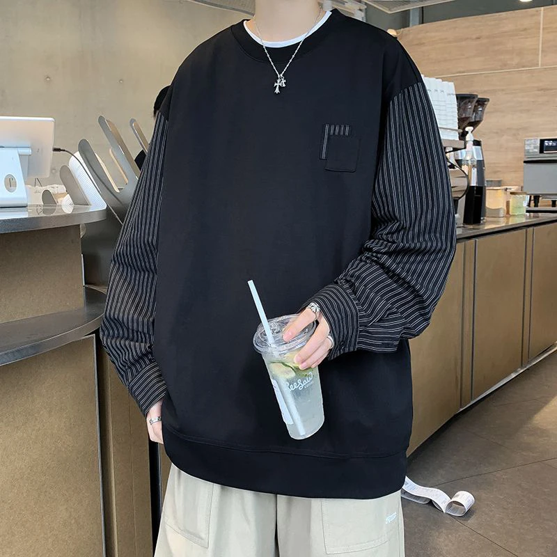 Autumn Men O Neck Spliced Stripe Long Sleeve Sweatshirt Fake Two Piece Korean Fashion Business Casual Loose Pullover Black White