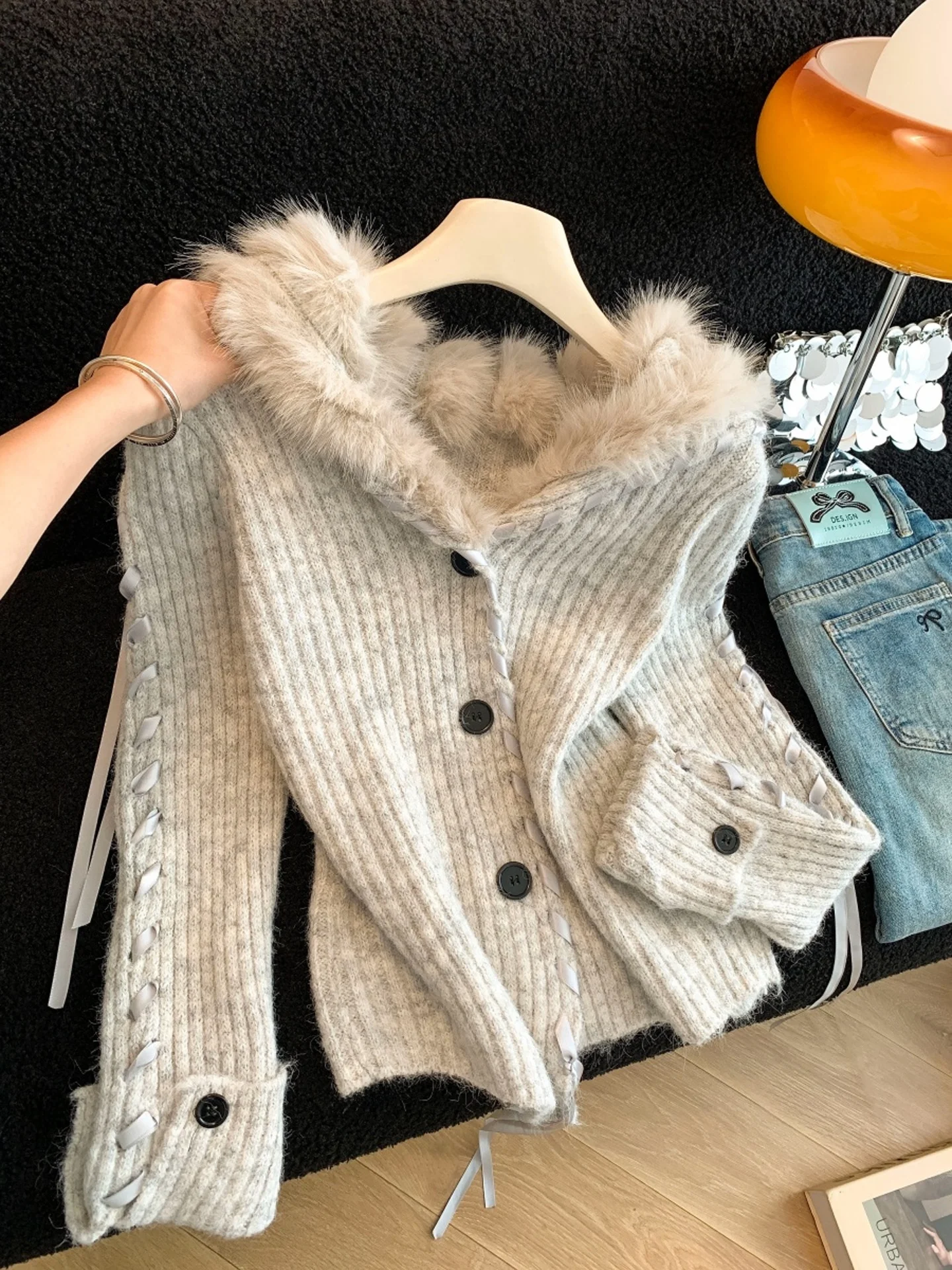 Lu Fur Trim Sweater Feminino Outono Inverno Thiened Quente Malha Longo Sve Cardigan Gola de Veludo Macio Cor Preguiçosa...