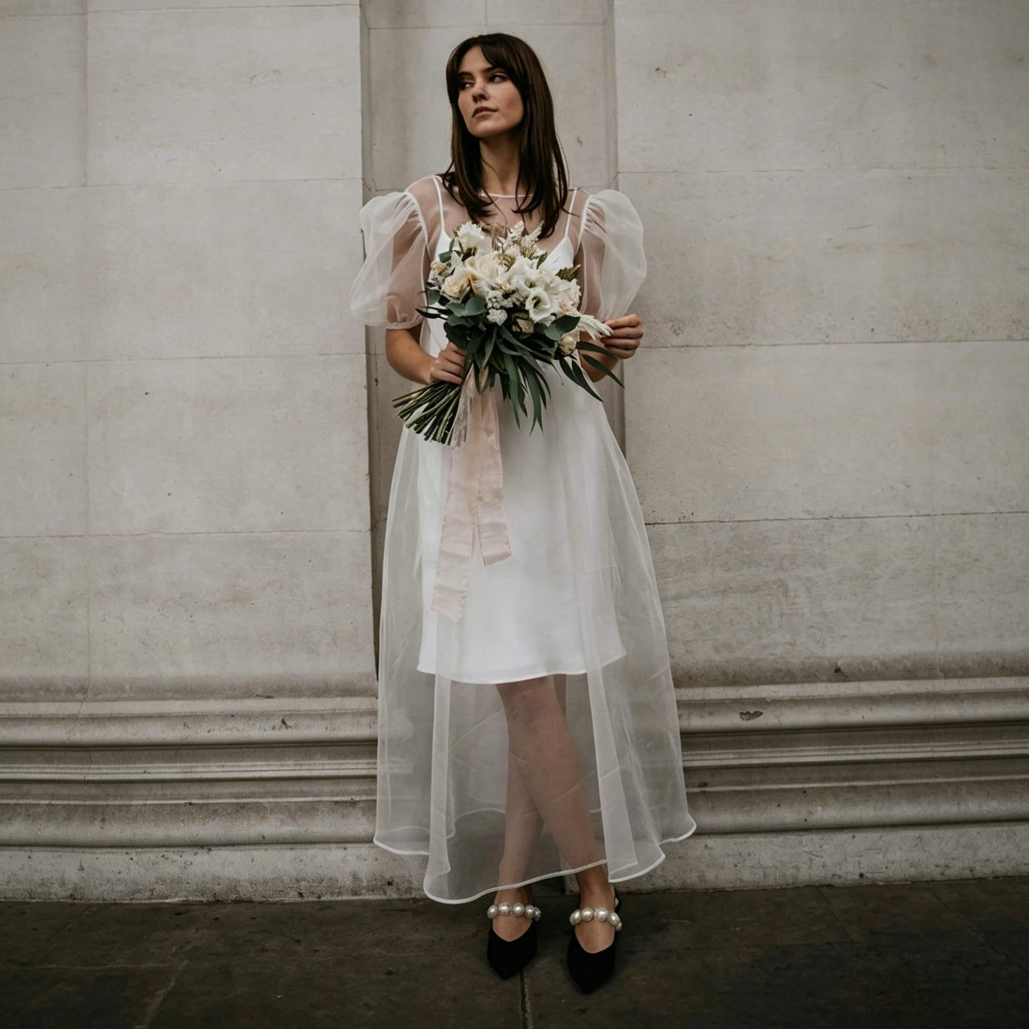 Organza Puff Sleeve White Midi Bridal Dress Backless Satin Slip V Neck Civil Registry Elopement City Hall Wedding Photo Gown image 3