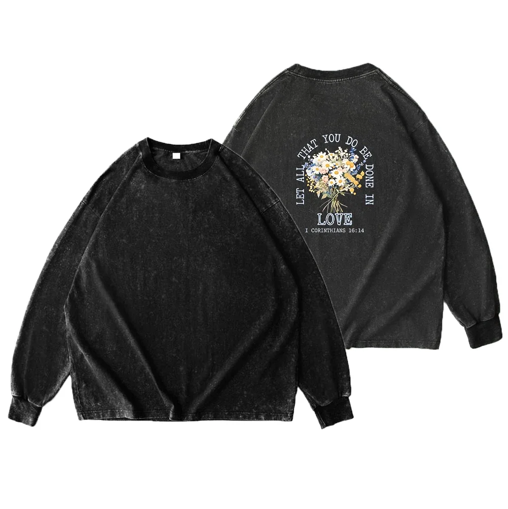 Unisex Vintage Washed Long Sleeve T Shirt 230G Heavyweight Wildflower Bouquet Graphic Tee Retro Oversized Casual Streetwear Tops
