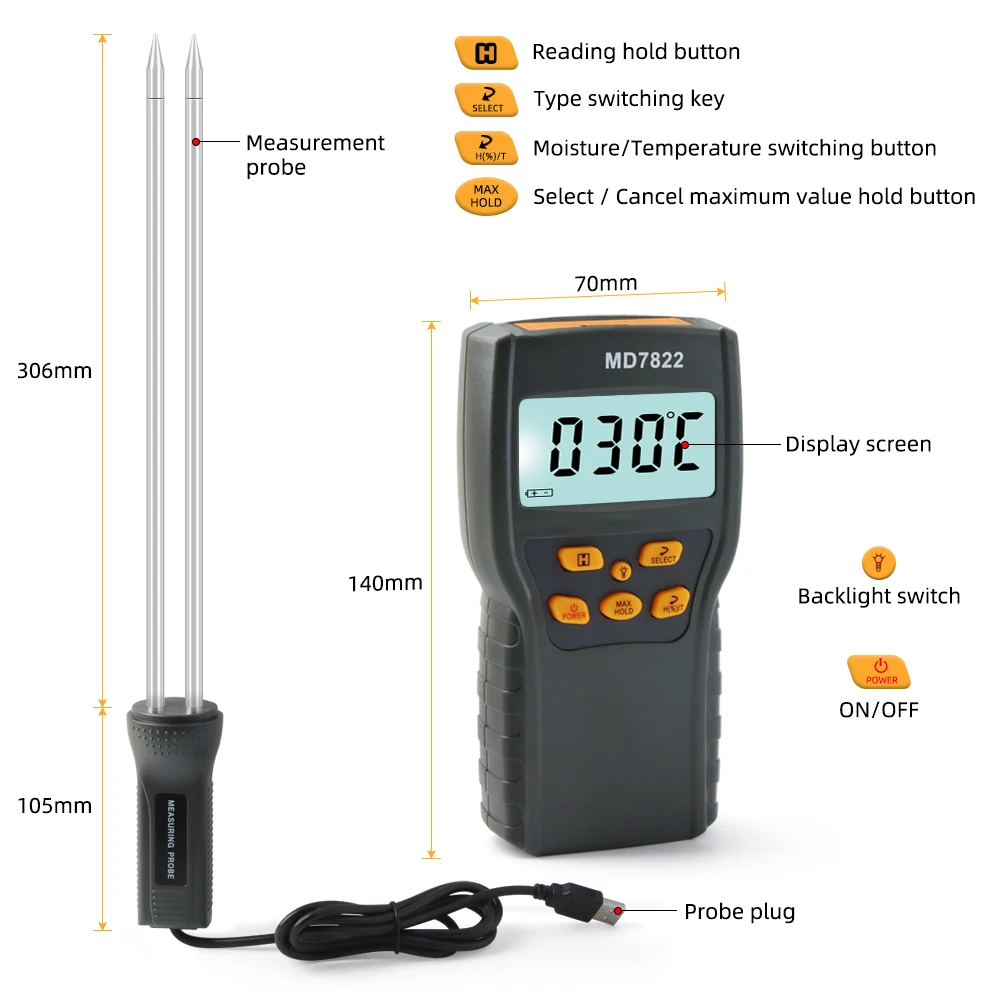 Digital LCD Grain Moisture Meter Humidity Tester Thermohygrometer Moisture Testing Tool for Wheat Paddy Corn Rice Thermometer