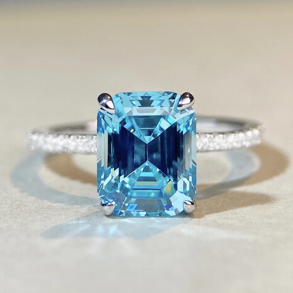 925 Silver Ocean Blue Treasure Ring with Full Diamond Emerald Cut Banquet Rock Candy Ring for Women