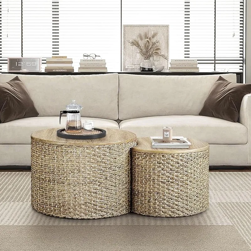 Nesting Coffee Table Set of 2,  with Soild Wood Cover, Wicker Coffee Table with Cushion Base