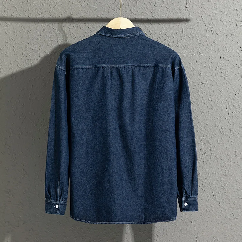 Denim long sleeved shirt, men\'s casual inch shirt, top for spring and summer, base shirt, loose blue jacket, plus size