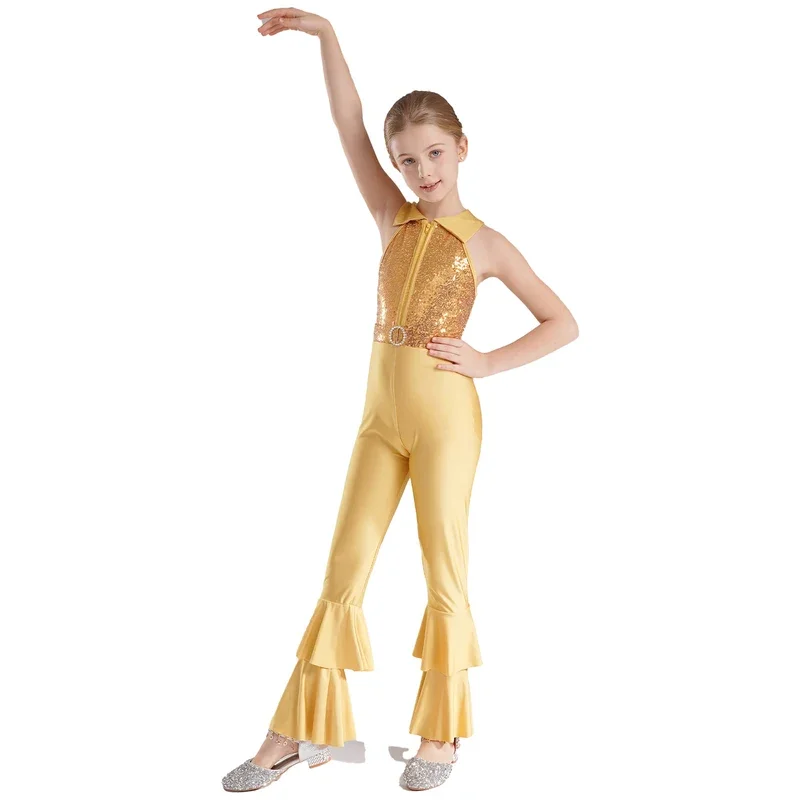 Kids Girls Shiny Sequins Hippie Costume 70s 80s Disco Clothing Bell Bottom Dance Jumpsuit Jazz Latin Stage Performance Dancewear