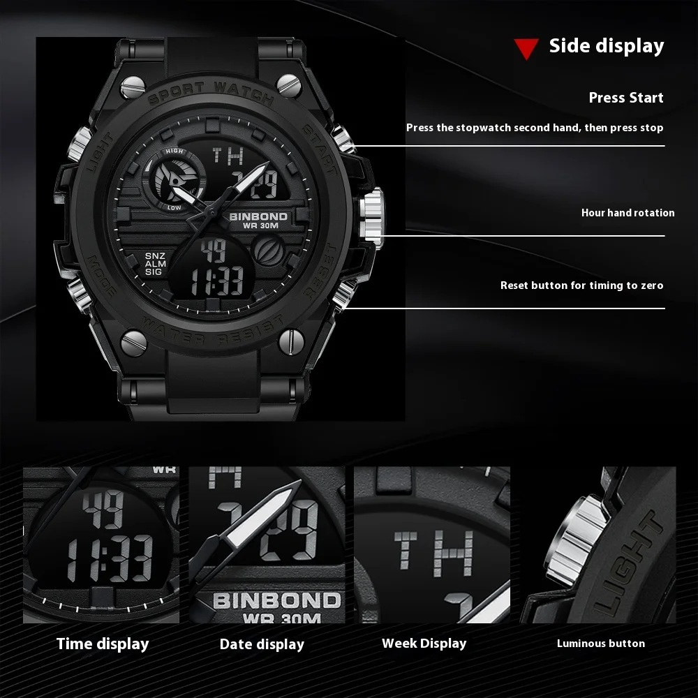 BINBOND 885 Watch Men Multi Functional Forces Quartz LED Dual Display Screen Automatic Calendar Week Night Light Watches for Man