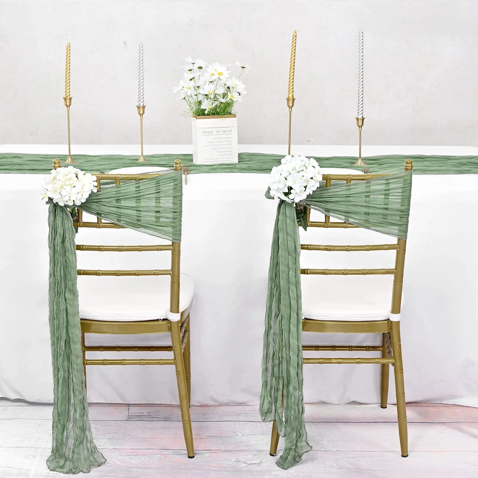 30PCS 30x275cm Wedding Sage green Chair Sashes Decoration Gauze Cheesecloth Chair Bow Chair Cover for Reception Party