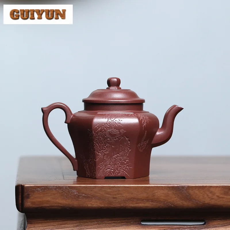 290ml Handmade Yixing Purple Clay Teapots Handmade Hexagonal Palace Lantern Pot Raw Ore Purple Mud Kettle Zisha Teaset Ornaments