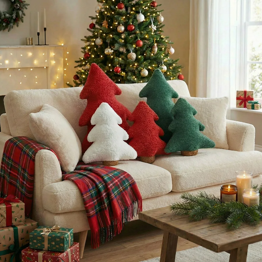 1pc Plush Christmas Tree Throw Pillow Cushion – Soft Xmas Tree Pillow Decoration for Home, Sofa and Holiday Display