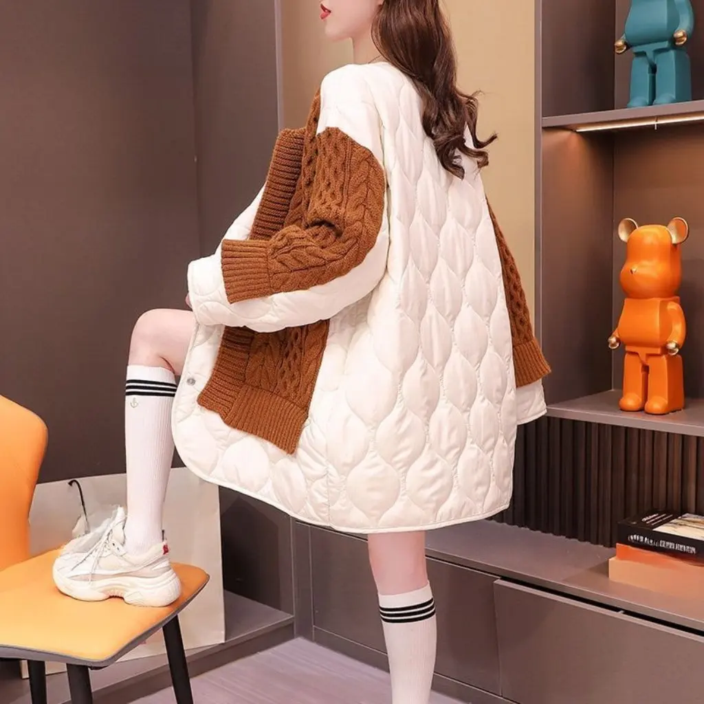 

Women's Patchwork Sweater Cardigan Mid-Length Korean Style Fashion Design Knitted Coat Autumn Lazy Style New