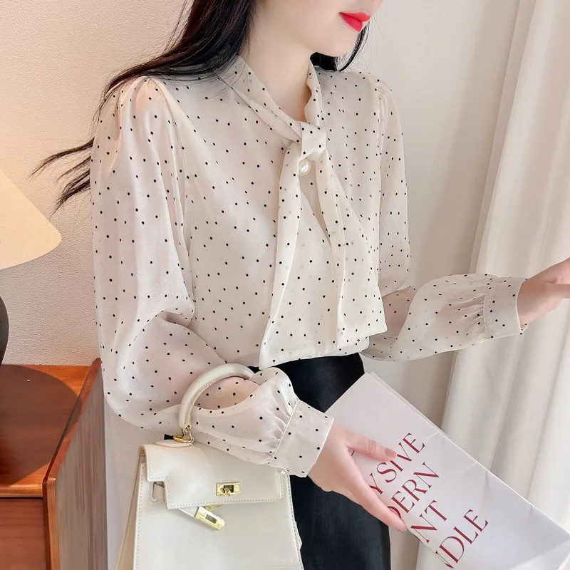 Polka Dot Parel Blouse Vrouwen Franse Stijl Lente En Herfst 2024 Lange Mouwen Kantoor Lady Mode Basis Strik Pullover Tops Dames