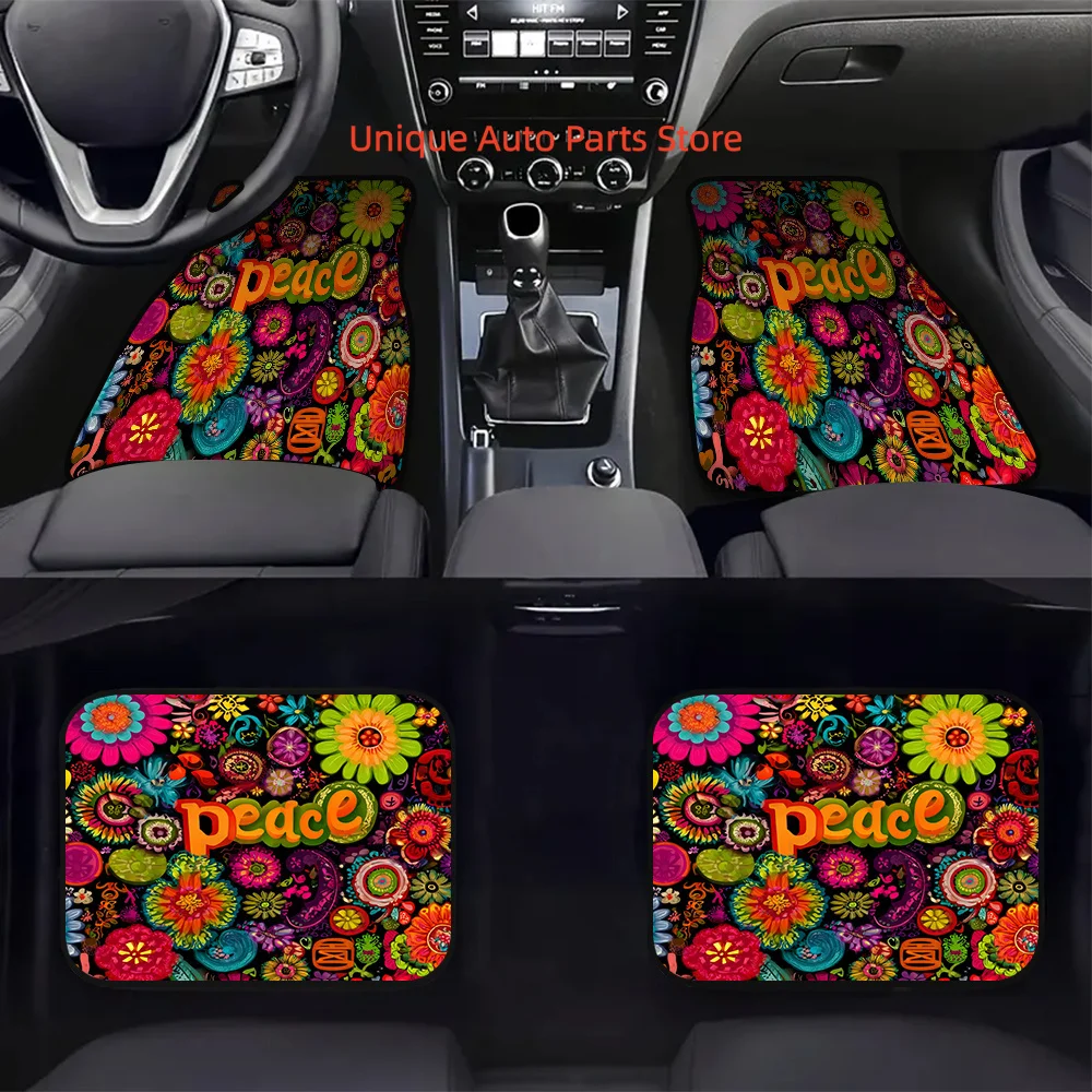 4pcs Car Mats, Ideal for SUVs or Trucks, Featuring Retro Colorful Floral Peace Design and Cleaning-Friendly Surfaces, Along with