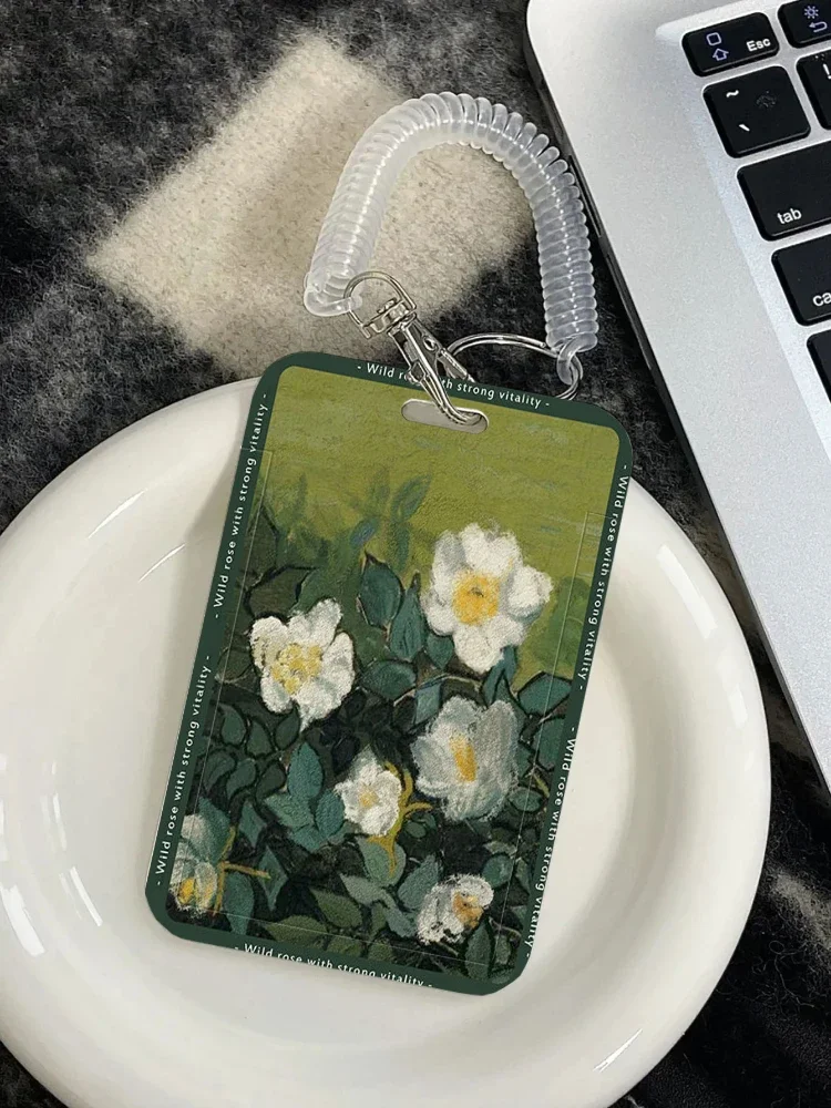 White Roses Oil Painting Style Card Holder Suitable for Bus Campus Lunch Card Credit ID Card Badge Bag Keychain Photo Sleeves