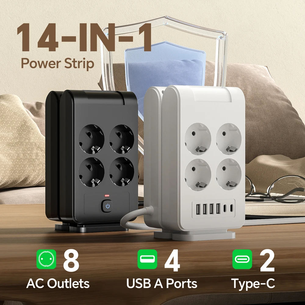 Vertical Power Strip Tower with 8 AC Outlets, 4 USB Ports & 2 Type-C Ports, Dual-Sided Expandable Surge Protector, 5FT/10FT/15FT Extension Cord, Wall-Mountable Multi-Outlet Charging Station for Home, Office, Dorm & Gam