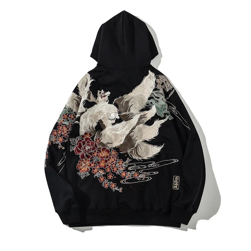 Chinesischer Sweatshirt Japanischer Sukajan Hoodie Bestickter Neun-Schwänziger-Fuchs Hoodie Herren Frühling Streetwear Harajuku Pullover Sweatshirt