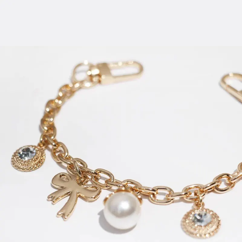 Hand Wrist Strap phone charm lanyard Metal keychain bag charm decoration bag extended chain golden Pearl Zircon pendant