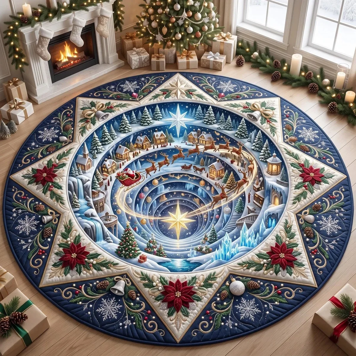 VIKAMA Navy Christmas Village Round Rug Santa Sleigh Reindeer Star Light Plush Non Slip Soft Washable Area Rug for Living Room