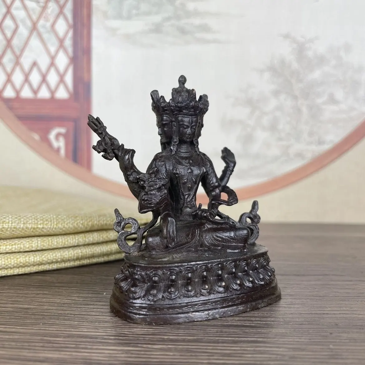 Vintage Brass Tibetan Tantric Three-Faced Bodhisattva Statue Small Ornament For Home Prayer Shrine Decor