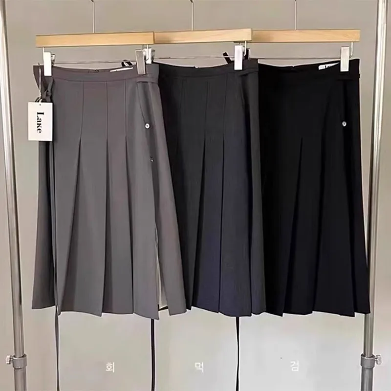 تنورة أنيقة عالية الخصر بحزام غير متماثل للتخسيس، تنورة متوسطة الطول بطيات على شكل حرف Ele بلونين للنساء #5