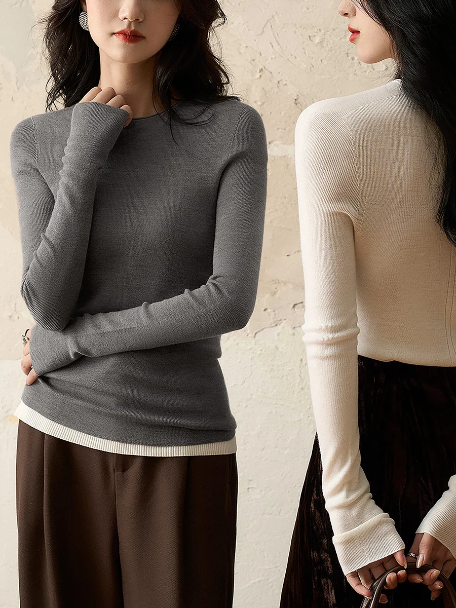 

Nana Self-Kee Biella40S Fine Wool 8 Needle Waable Sl Full-Formed Knitted Sweater Soft Long Sve round Ne Warm