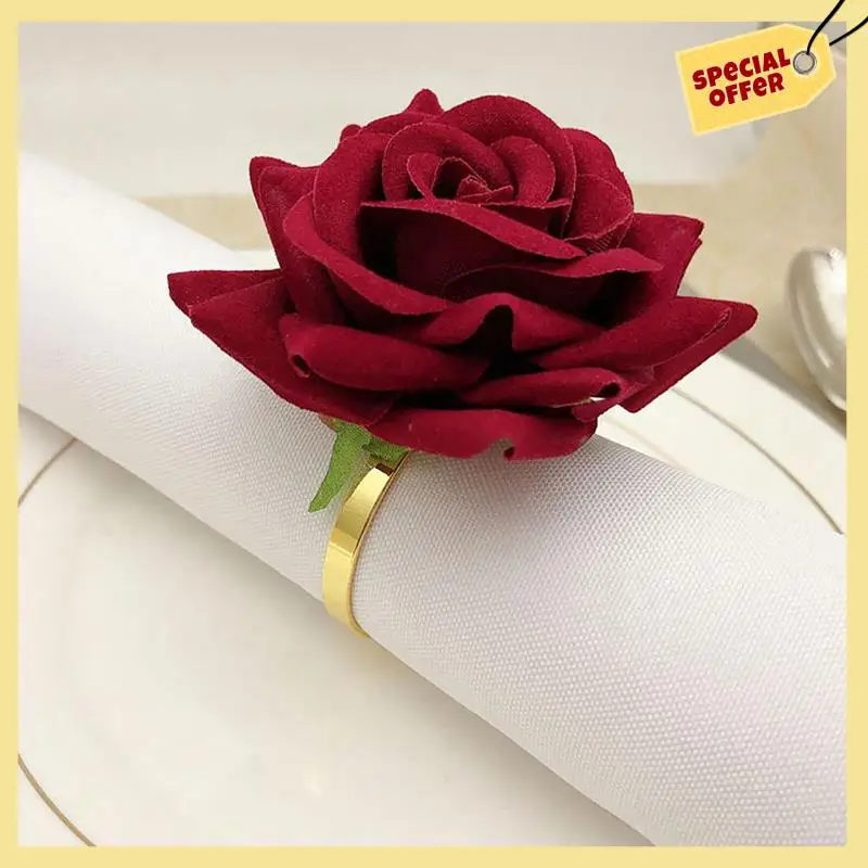 

-BABQ 72 PCS Red Rose Shape Towel Buckle Napkin Ring Wedding Party Valentine's Day Hotel Table Decor Metal Gold Napkin Holder