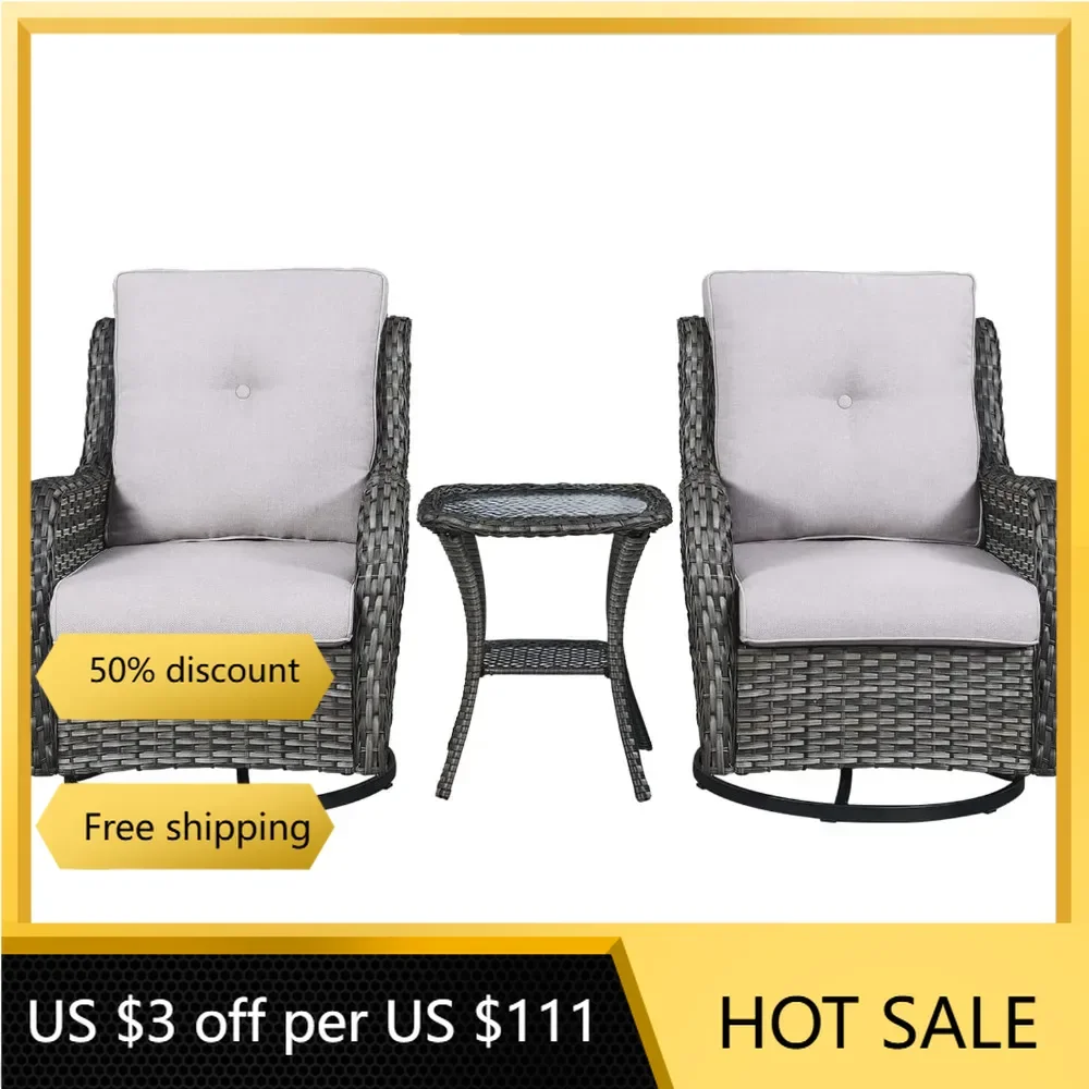 3 Piece Rocker Patio Furniture Set Rattan Rocking Bistro Sets with Glass Top Side Table for Outdoor Porch Deck Garden Backyard