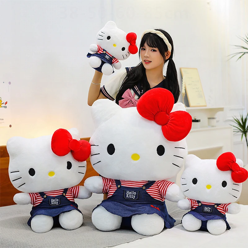 Kawaii Hello Kitty poupées en peluche dessin animé Cowboy jupe Sanrio peluche arc Kitty Animal sommeil oreiller cadeau pour enfants anniversaire noël