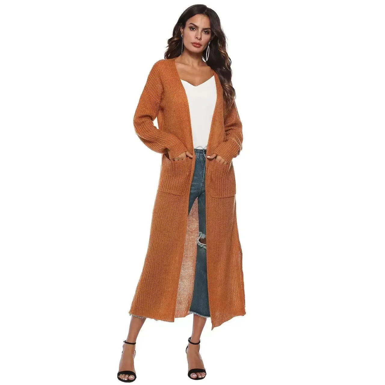 2024 Autumn Chic Multi Color Women Cardigans Large Pocket Show Thin Slim Fit Long Cardigan Sweater